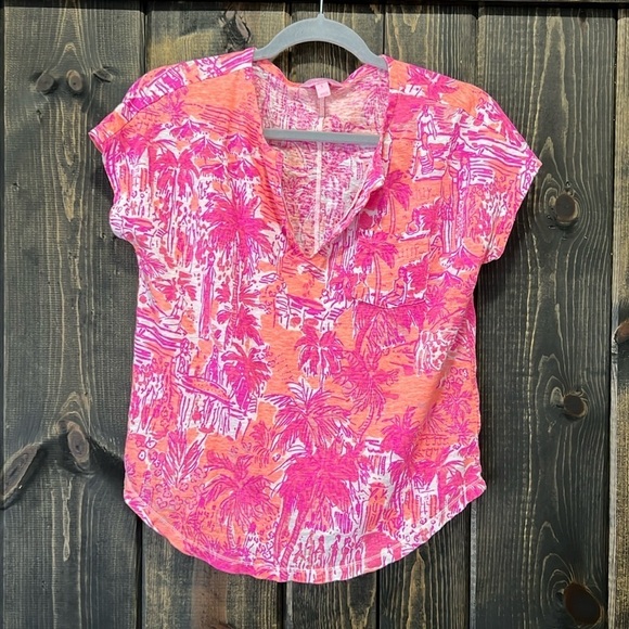 Lilly Pulitzer Linen Top S Cheeky Melon Rule Breakers Pocket Notch Split Neck - Picture 1 of 7
